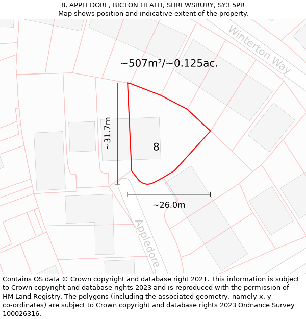 8, APPLEDORE, BICTON HEATH, SHREWSBURY, SY3 5PR: Plot and title map