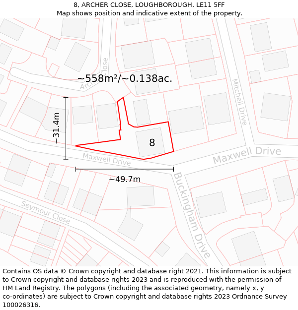 8, ARCHER CLOSE, LOUGHBOROUGH, LE11 5FF: Plot and title map