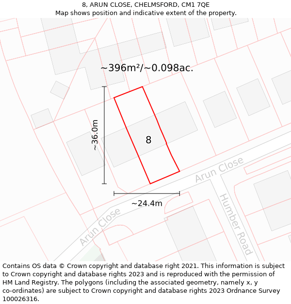 8, ARUN CLOSE, CHELMSFORD, CM1 7QE: Plot and title map