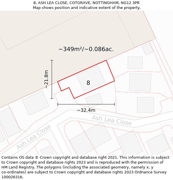 8, ASH LEA CLOSE, COTGRAVE, NOTTINGHAM, NG12 3PR: Plot and title map