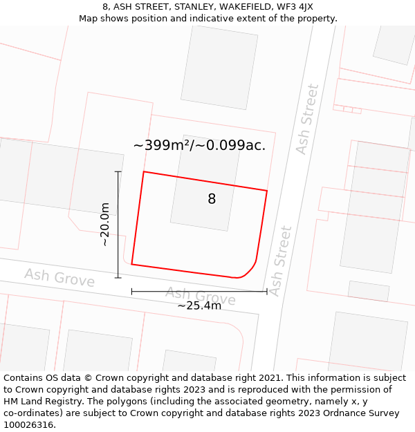 8, ASH STREET, STANLEY, WAKEFIELD, WF3 4JX: Plot and title map