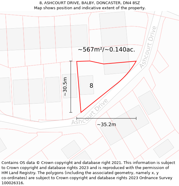 8, ASHCOURT DRIVE, BALBY, DONCASTER, DN4 8SZ: Plot and title map