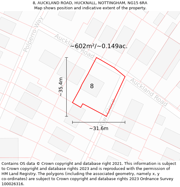 8, AUCKLAND ROAD, HUCKNALL, NOTTINGHAM, NG15 6RA: Plot and title map