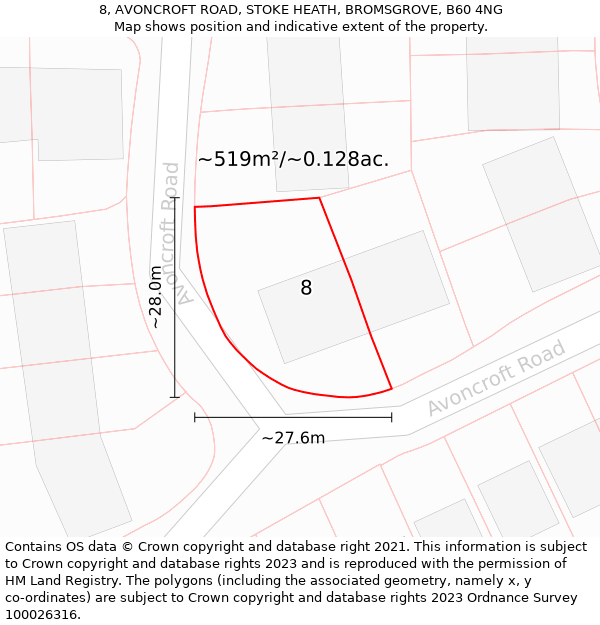 8, AVONCROFT ROAD, STOKE HEATH, BROMSGROVE, B60 4NG: Plot and title map