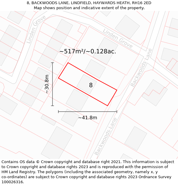 8, BACKWOODS LANE, LINDFIELD, HAYWARDS HEATH, RH16 2ED: Plot and title map