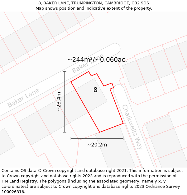 8, BAKER LANE, TRUMPINGTON, CAMBRIDGE, CB2 9DS: Plot and title map