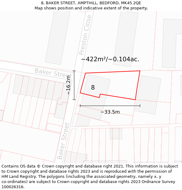 8, BAKER STREET, AMPTHILL, BEDFORD, MK45 2QE: Plot and title map