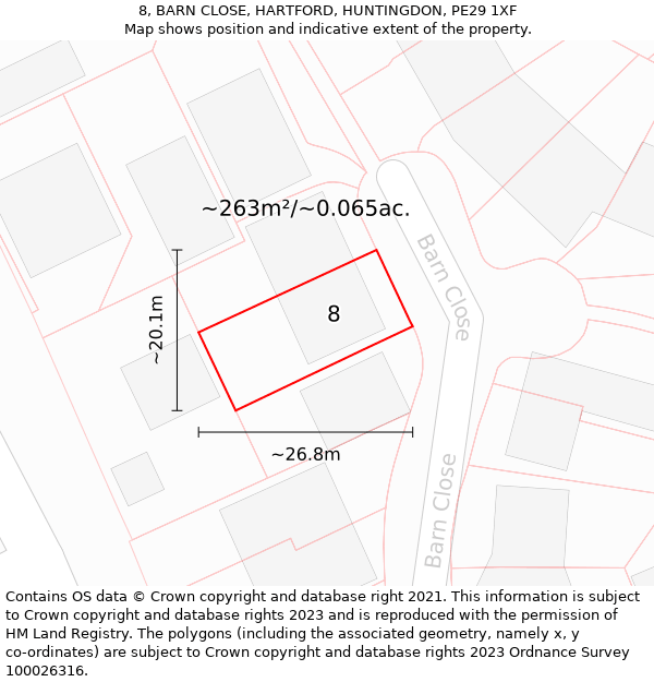 8, BARN CLOSE, HARTFORD, HUNTINGDON, PE29 1XF: Plot and title map