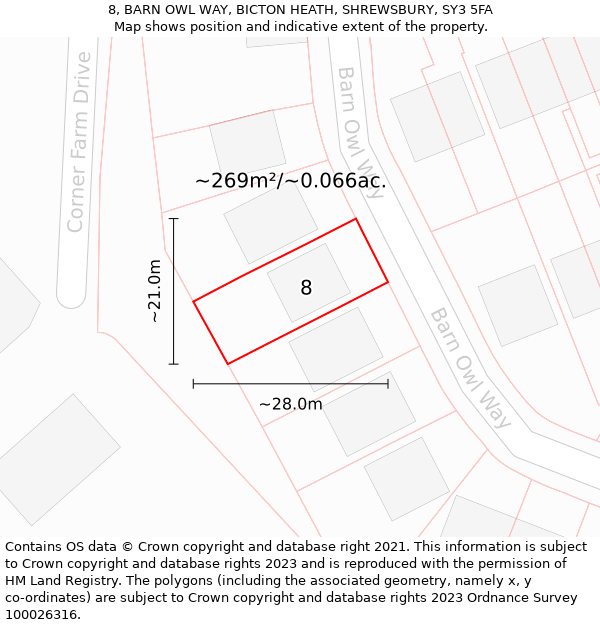8, BARN OWL WAY, BICTON HEATH, SHREWSBURY, SY3 5FA: Plot and title map