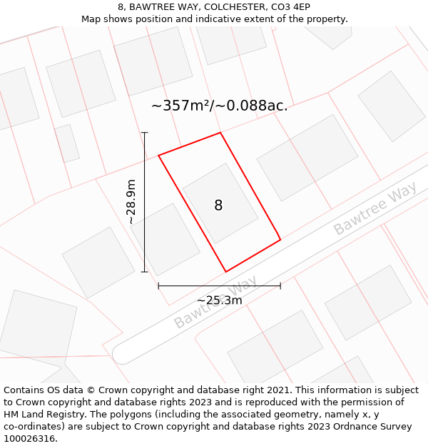 8, BAWTREE WAY, COLCHESTER, CO3 4EP: Plot and title map