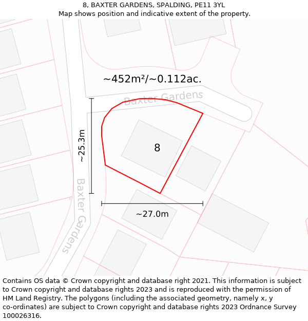 8, BAXTER GARDENS, SPALDING, PE11 3YL: Plot and title map