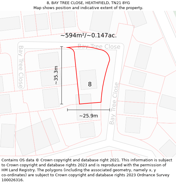 8, BAY TREE CLOSE, HEATHFIELD, TN21 8YG: Plot and title map