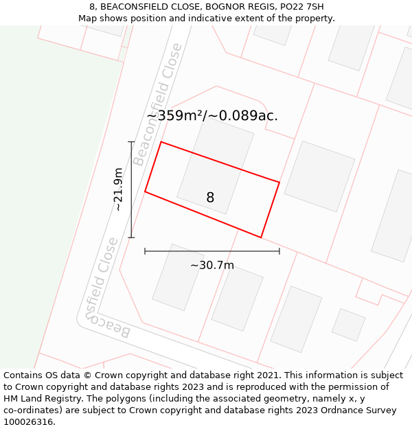 8, BEACONSFIELD CLOSE, BOGNOR REGIS, PO22 7SH: Plot and title map