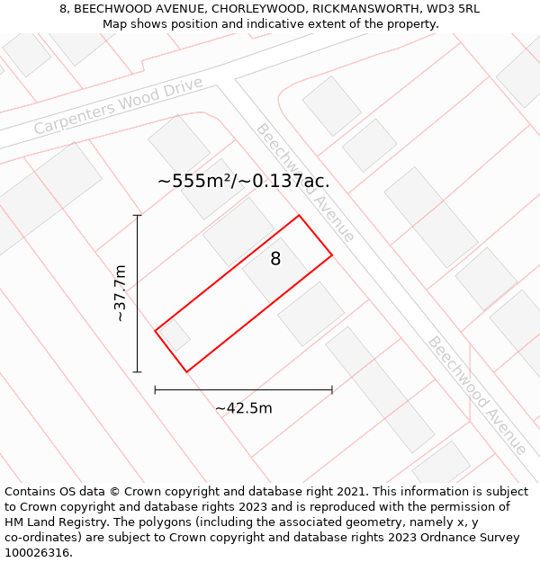 8, BEECHWOOD AVENUE, CHORLEYWOOD, RICKMANSWORTH, WD3 5RL: Plot and title map