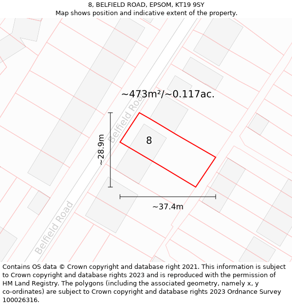 8, BELFIELD ROAD, EPSOM, KT19 9SY: Plot and title map