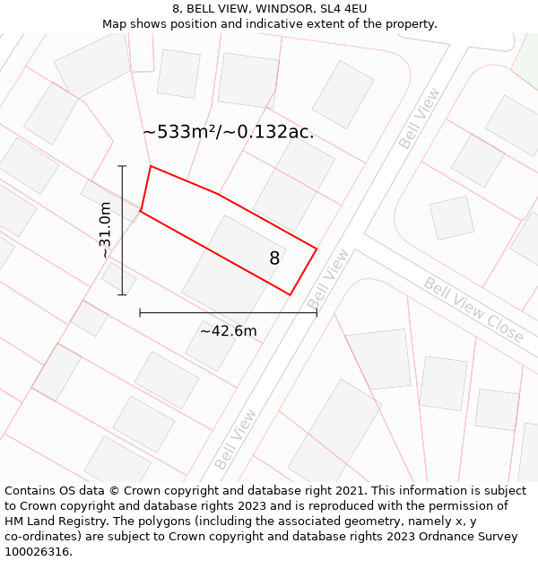 8, BELL VIEW, WINDSOR, SL4 4EU: Plot and title map