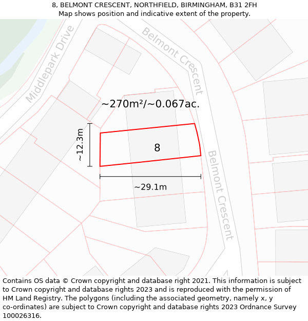 8, BELMONT CRESCENT, NORTHFIELD, BIRMINGHAM, B31 2FH: Plot and title map