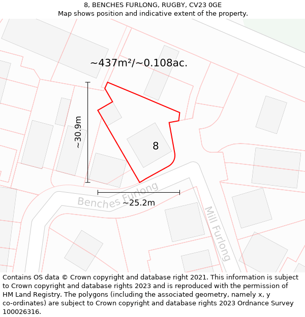 8, BENCHES FURLONG, RUGBY, CV23 0GE: Plot and title map