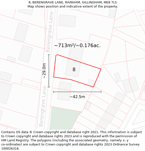 8, BERENGRAVE LANE, RAINHAM, GILLINGHAM, ME8 7LS: Plot and title map