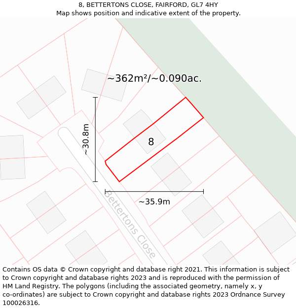 8, BETTERTONS CLOSE, FAIRFORD, GL7 4HY: Plot and title map