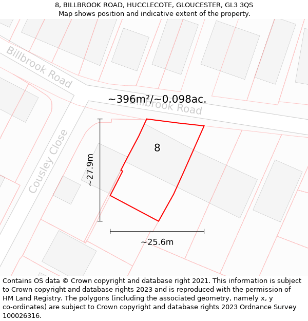 8, BILLBROOK ROAD, HUCCLECOTE, GLOUCESTER, GL3 3QS: Plot and title map