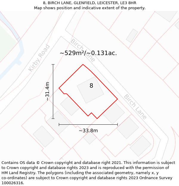 8, BIRCH LANE, GLENFIELD, LEICESTER, LE3 8HR: Plot and title map