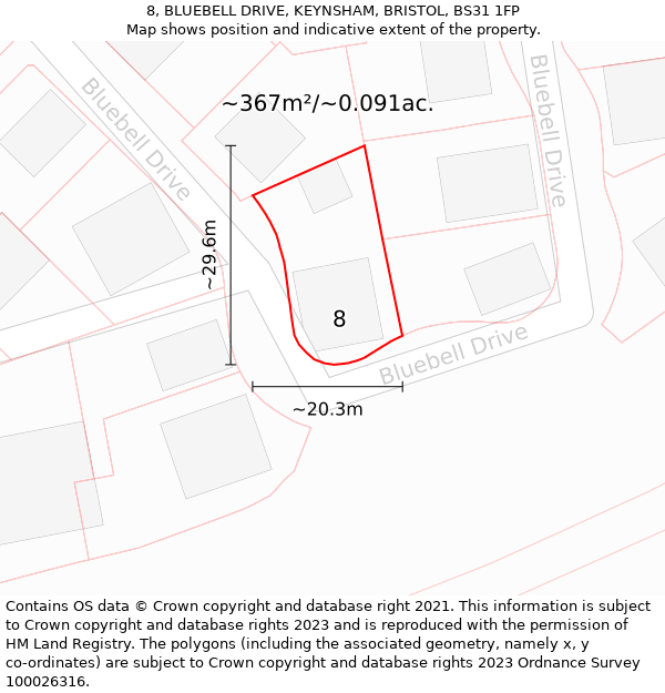 8, BLUEBELL DRIVE, KEYNSHAM, BRISTOL, BS31 1FP: Plot and title map