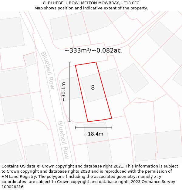 8, BLUEBELL ROW, MELTON MOWBRAY, LE13 0FG: Plot and title map