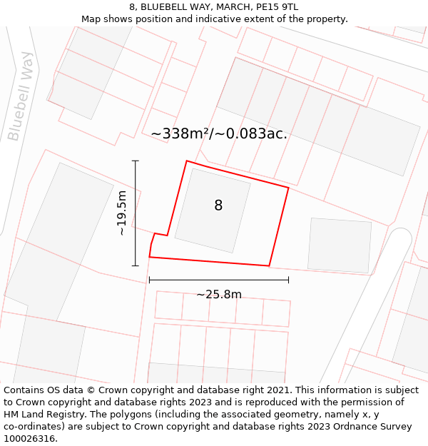 8, BLUEBELL WAY, MARCH, PE15 9TL: Plot and title map