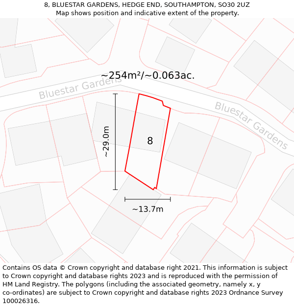 8, BLUESTAR GARDENS, HEDGE END, SOUTHAMPTON, SO30 2UZ: Plot and title map