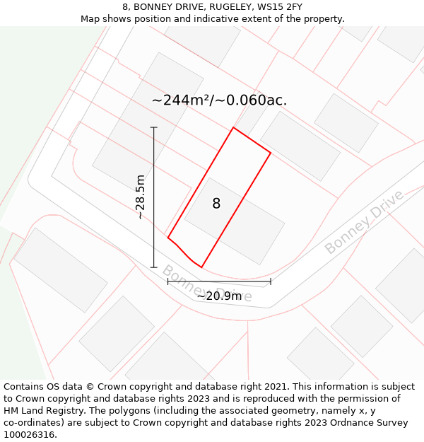 8, BONNEY DRIVE, RUGELEY, WS15 2FY: Plot and title map