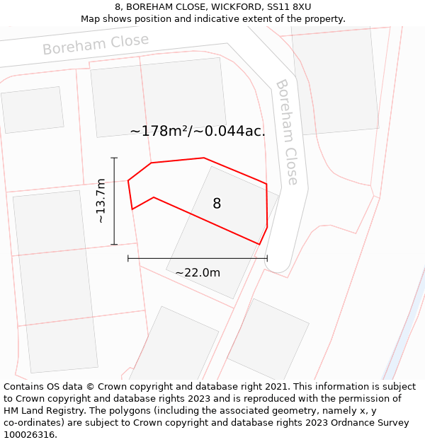 8, BOREHAM CLOSE, WICKFORD, SS11 8XU: Plot and title map