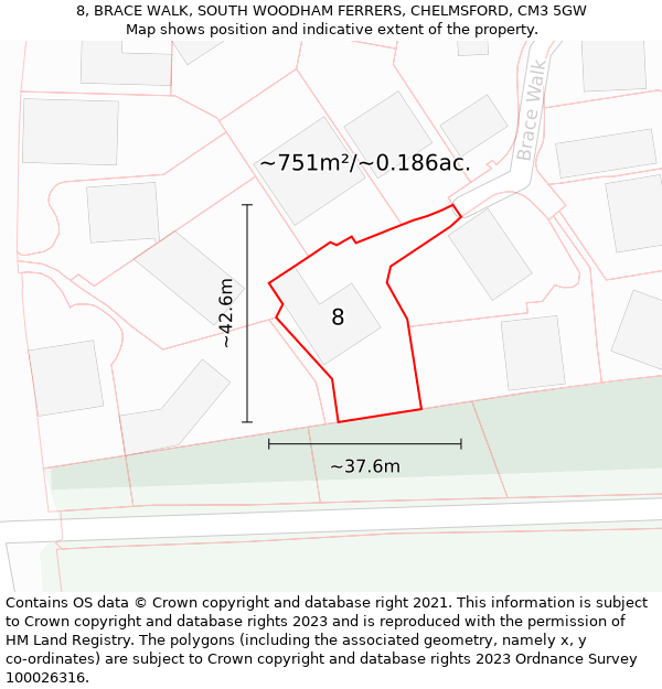 8, BRACE WALK, SOUTH WOODHAM FERRERS, CHELMSFORD, CM3 5GW: Plot and title map