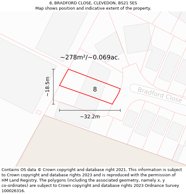 8, BRADFORD CLOSE, CLEVEDON, BS21 5ES: Plot and title map