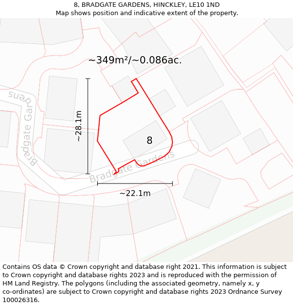 8, BRADGATE GARDENS, HINCKLEY, LE10 1ND: Plot and title map