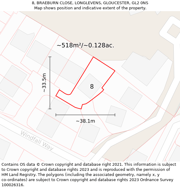 8, BRAEBURN CLOSE, LONGLEVENS, GLOUCESTER, GL2 0NS: Plot and title map