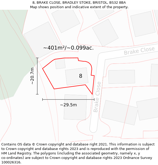 8, BRAKE CLOSE, BRADLEY STOKE, BRISTOL, BS32 8BA: Plot and title map