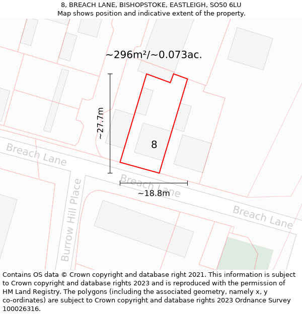 8, BREACH LANE, BISHOPSTOKE, EASTLEIGH, SO50 6LU: Plot and title map