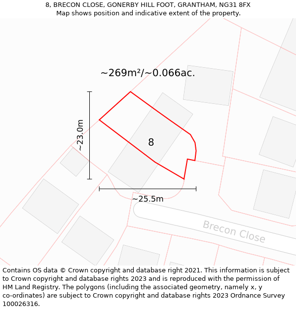 8, BRECON CLOSE, GONERBY HILL FOOT, GRANTHAM, NG31 8FX: Plot and title map