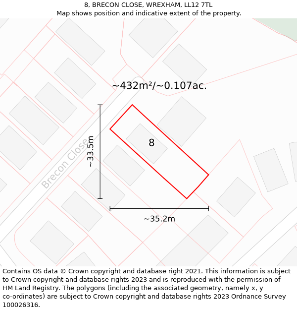 8, BRECON CLOSE, WREXHAM, LL12 7TL: Plot and title map