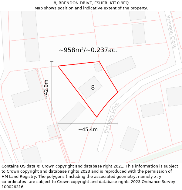 8, BRENDON DRIVE, ESHER, KT10 9EQ: Plot and title map