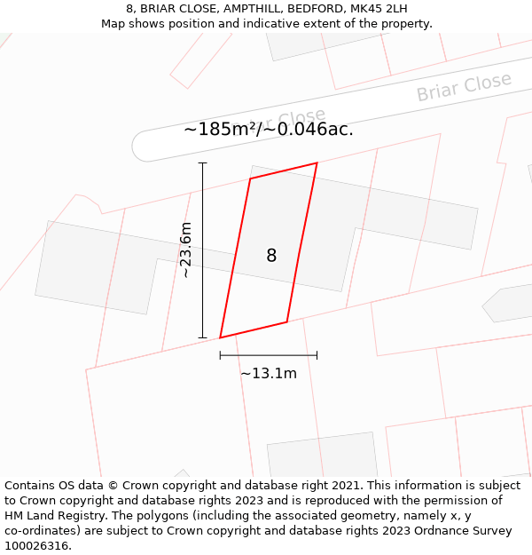 8, BRIAR CLOSE, AMPTHILL, BEDFORD, MK45 2LH: Plot and title map