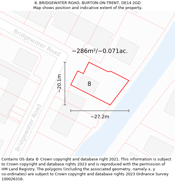 8, BRIDGEWATER ROAD, BURTON-ON-TRENT, DE14 2GD: Plot and title map