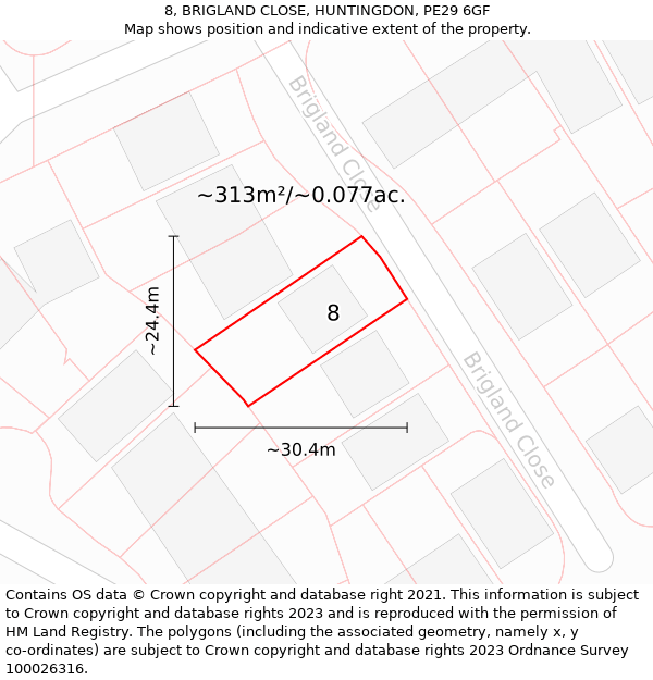8, BRIGLAND CLOSE, HUNTINGDON, PE29 6GF: Plot and title map