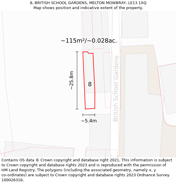 8, BRITISH SCHOOL GARDENS, MELTON MOWBRAY, LE13 1XQ: Plot and title map