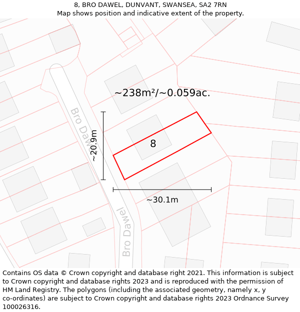 8, BRO DAWEL, DUNVANT, SWANSEA, SA2 7RN: Plot and title map