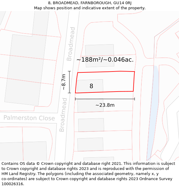 8, BROADMEAD, FARNBOROUGH, GU14 0RJ: Plot and title map