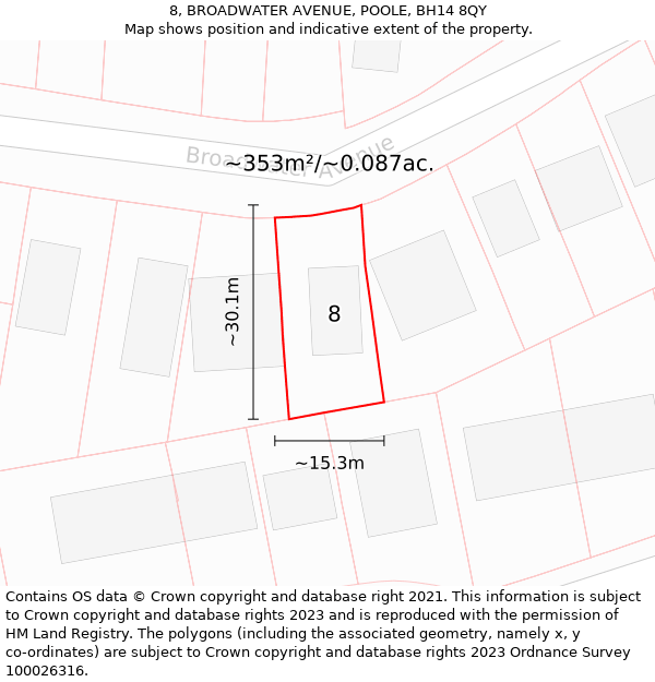 8, BROADWATER AVENUE, POOLE, BH14 8QY: Plot and title map