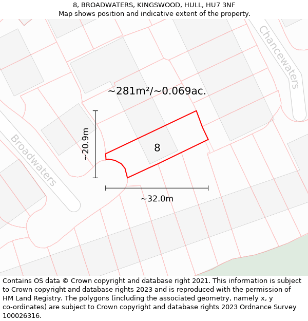 8, BROADWATERS, KINGSWOOD, HULL, HU7 3NF: Plot and title map