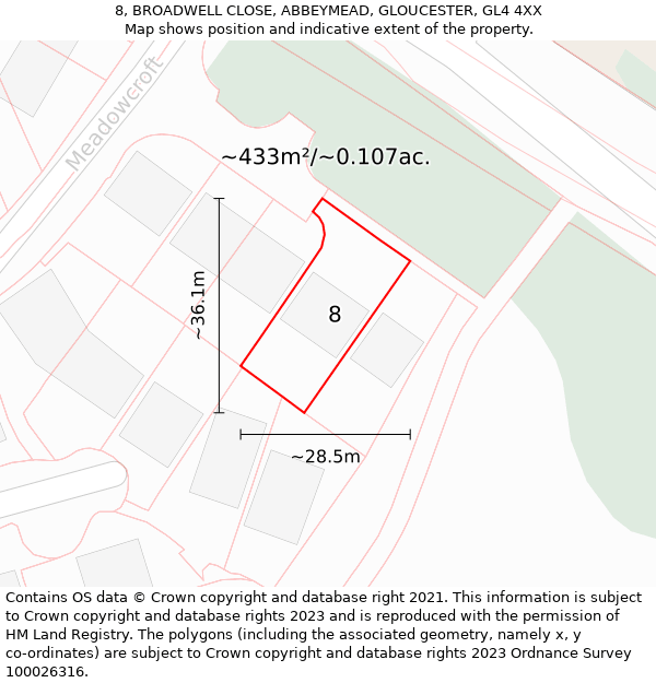 8, BROADWELL CLOSE, ABBEYMEAD, GLOUCESTER, GL4 4XX: Plot and title map